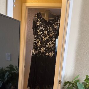 Elegant Black and White Embroidered Maxi Dress - Roaring 20's styled.